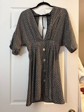 SHEIN Black Micro-Print Button Front Mini Dress